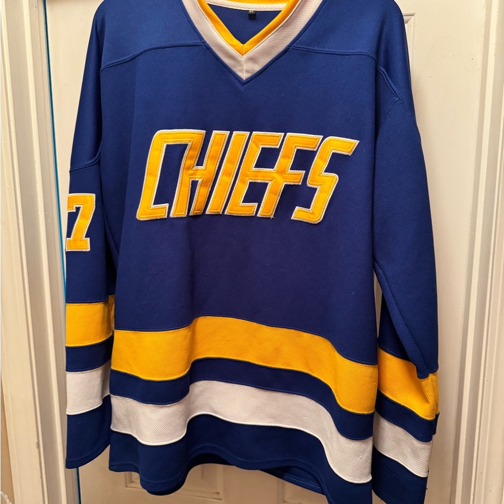 Blue and Yellow Charlestown Chiefs Hockey Jersey Slapshot